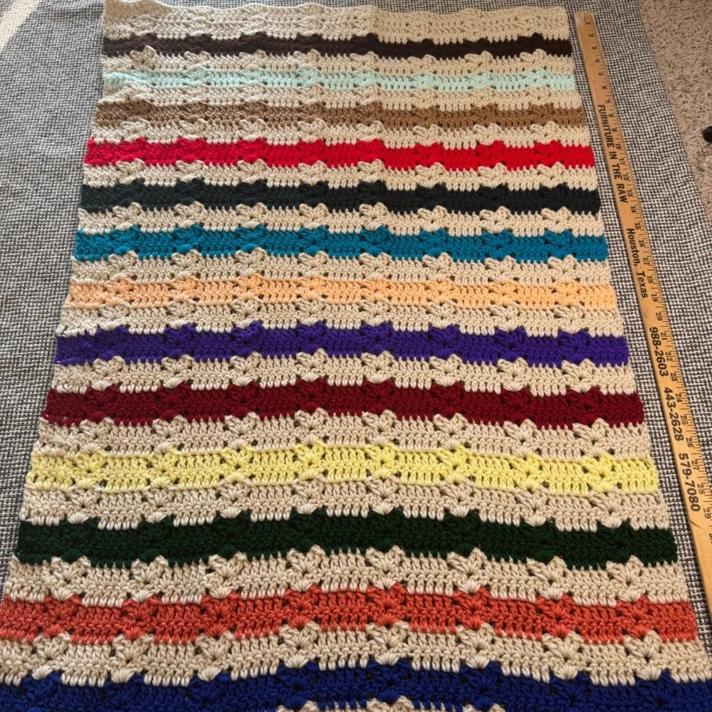 Handmade Crochet Baby Blanket Striped Rainbow Multi-Color Beige Throw 35x26 Soft